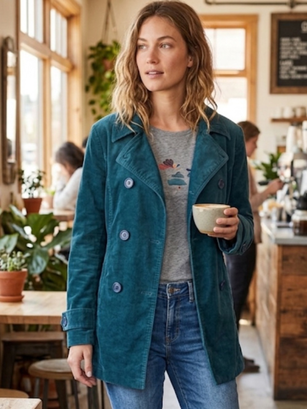 Casual Chic Teal Velvet Double Breasted Women’s Jacket